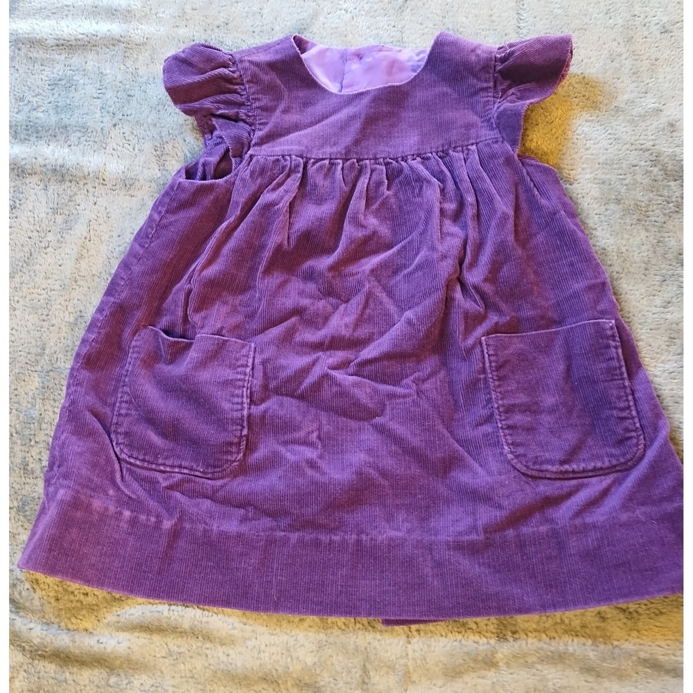 VTG Purple Corduroy Ruffle Sleeve Pinafore Jumper Dress Pockets Kids 3T‎ READ